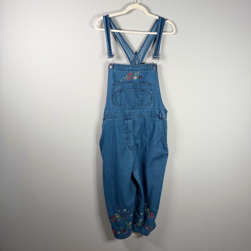 Agapo Womens Floral Embroidered Denim Overalls Blue Size 2X Cotton Bib Pants